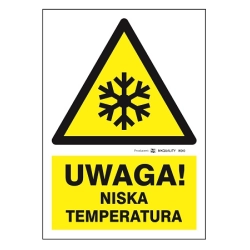 Uwaga! niska temperatura tabliczka, naklejka, znak ostrzegawczy