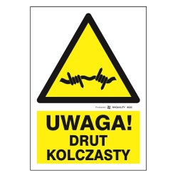 Uwaga! Drut kolczasty tabliczka, naklejka, znak ostrzegawczy