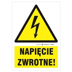 Napięcie zwrotne tabliczka, naklejka, znak elektryczny