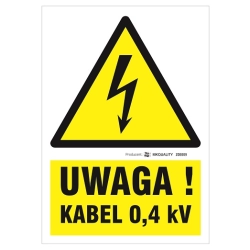 Uwaga Kabel 0,4 kV tabliczka, naklejka, znak elektryczny