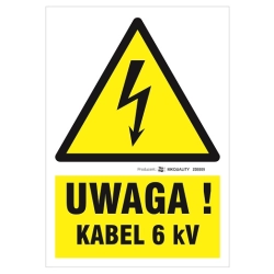 Uwaga Kabel 6 kV tabliczka, naklejka, znak elektryczny