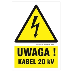 Uwaga Kabel 20 kV tabliczka, naklejka, znak elektryczny