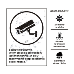 Odporność monitoring wizyjny, obiekt monitorowany - naklejka, tabliczka, znak informacyjny