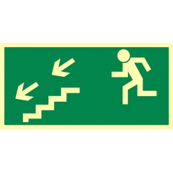 kierunek do wyjścia drogi ewakuacyjnej schodami w dół w lewo tabliczka, naklejka