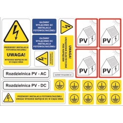 Informacyjna naklejka ostrzegawcza dotycząca instalacji fotowoltaicznych - bezpieczeństwo i zasady użytkowania.