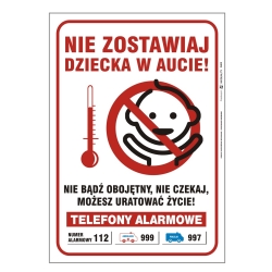 znak - nie zostawiaj dziecka samego w aucie podczas wysokich temperatur