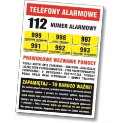 Wykaz telefonów alarmowych + instrukcja prawidłowego wezwania pomocy - tabliczka, naklejka